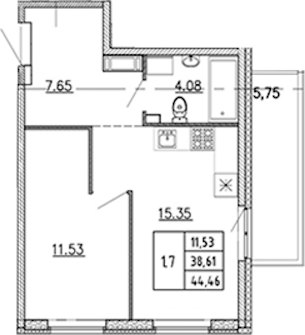 1-комнатная квартира 38.61 м², 16/22 эт., ЖК «Новые горизонты 2»